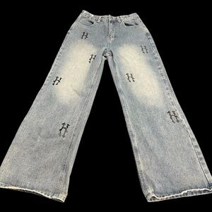 Women S Retro High Rise Baggy Jeans Y2K Letter Pattern Wide Leg Denim Distressed